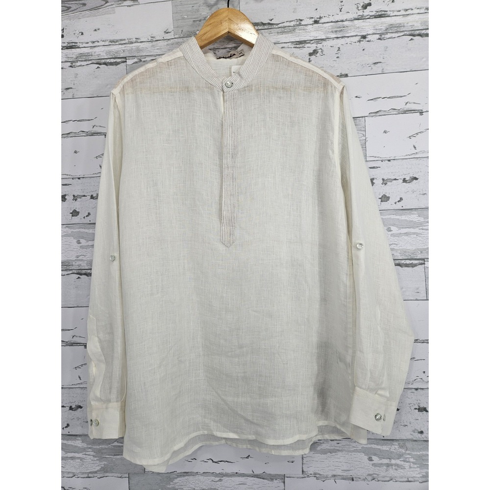 Fabindia Womens 8 Ivory Long Sleeve Linen Tunic Shirt Sheer Coastal